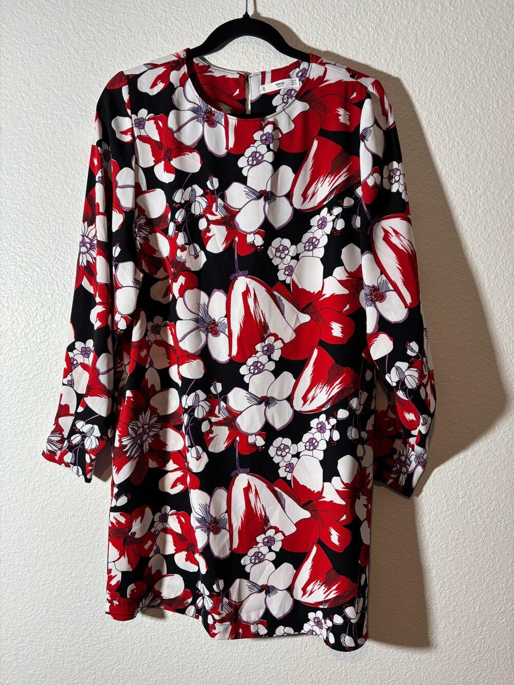 MNG Mango Women's Size S Long Sleeve Shift Dress Black Red White Bold Floral